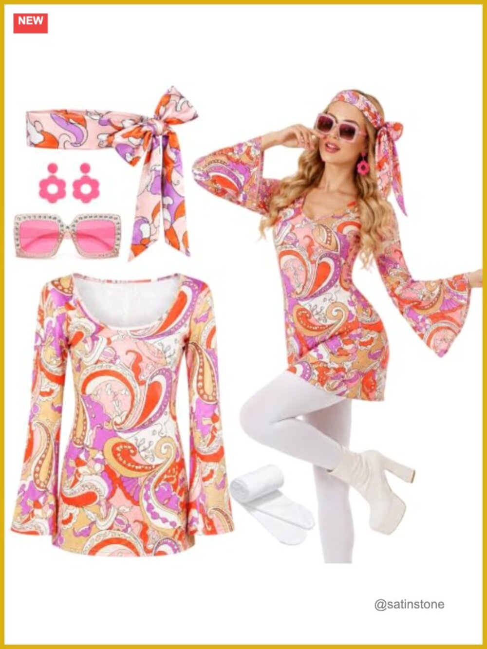 70s Disco Costume Set Bell Sleeve Mini Dress Hippie Halloween Outfit